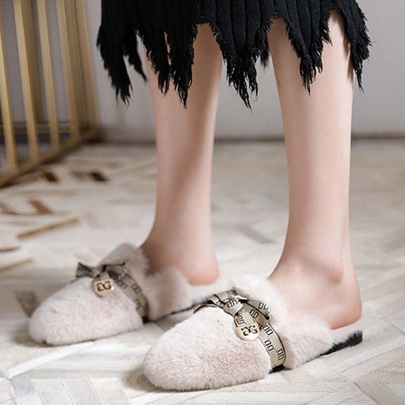 Women Fashion Bowknot Winter Furred Mules Newgew Shoes