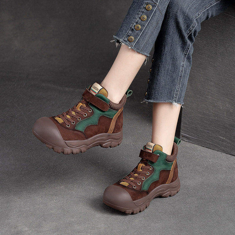 Women Pigskin Leather High Top Velcro Casual Shoes Newgew Shoes
