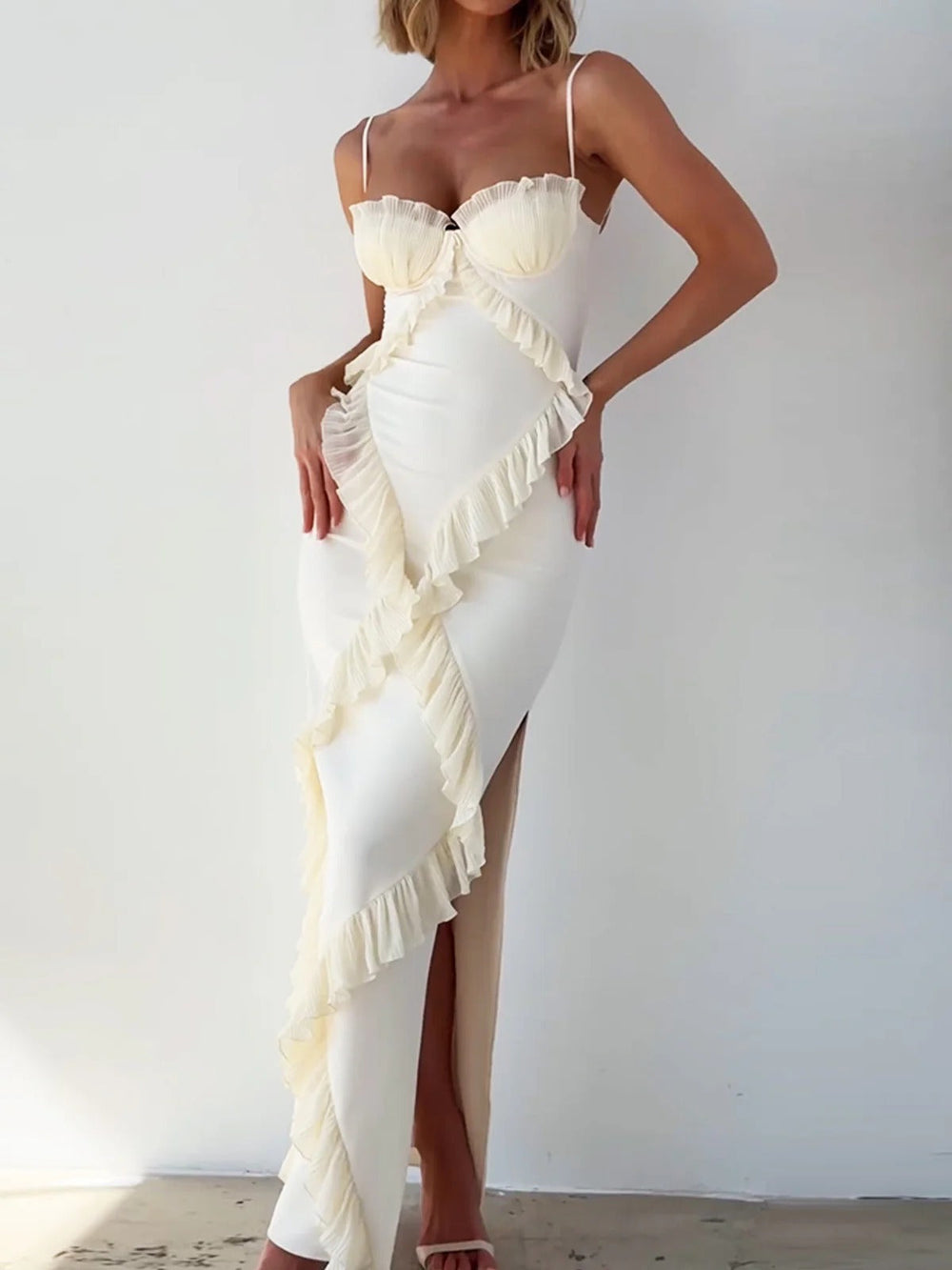 Pleated Frilly Slip Slit Maxi Dress Newgew Dresses