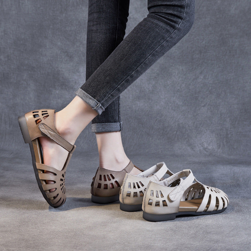 Women Retro Casual Leather Velcro Flat Sandals Newgew Shoes