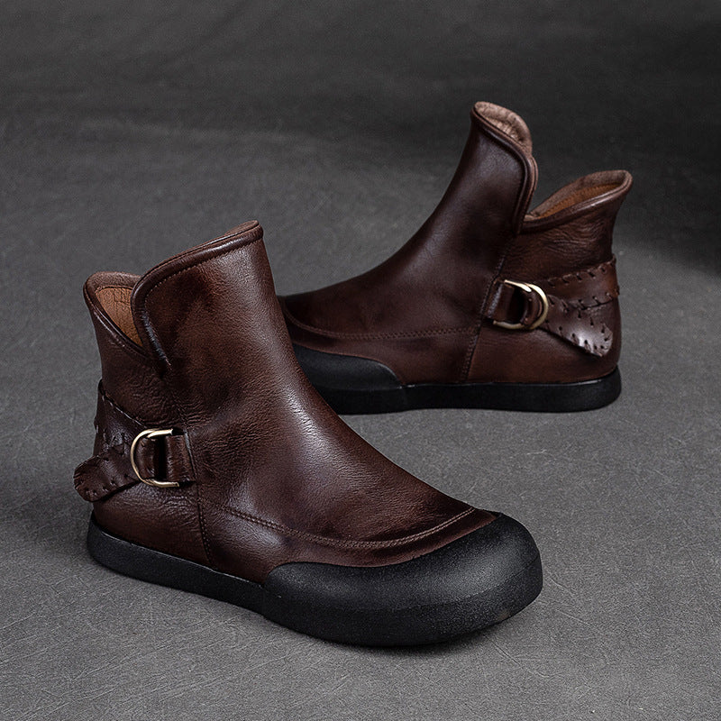Women Retro Minimalist Leather Flat Casual Ankle Boots Newgew Shoes