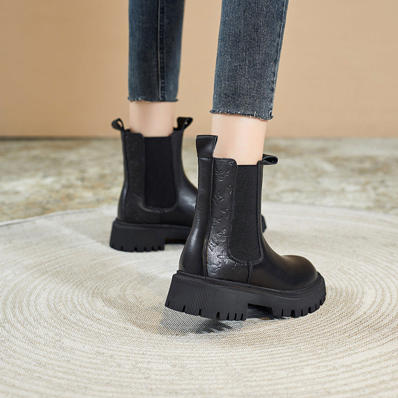 Women Retro Figured Leather Patchwork Casual Boots Newgew Shoes