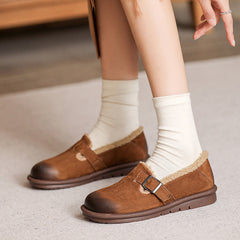 Women Retro Leather Furred Soft Flat Casual Shoes Newgew Shoes