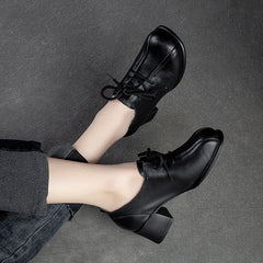 Women Soft Leather Minimalist Chunky Heel Casual Shoes Newgew Shoes