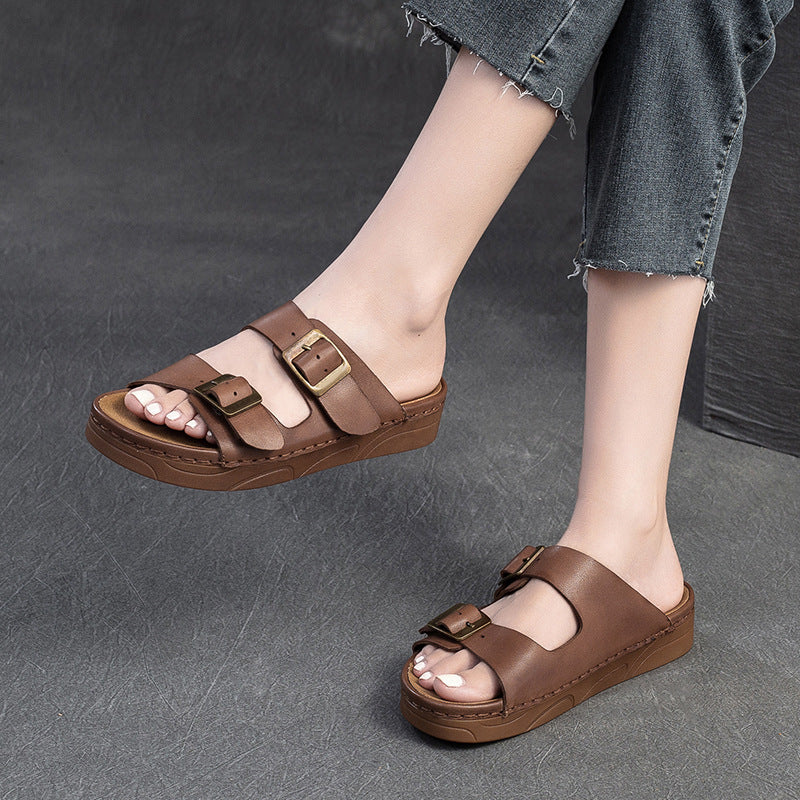 Women Retro Leather Summer Casual Slides Sandals Newgew Shoes