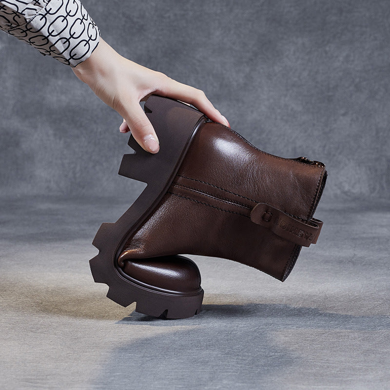 Women Retro Casual Patchwork Leather Chunky Heel Boots Newgew Shoes