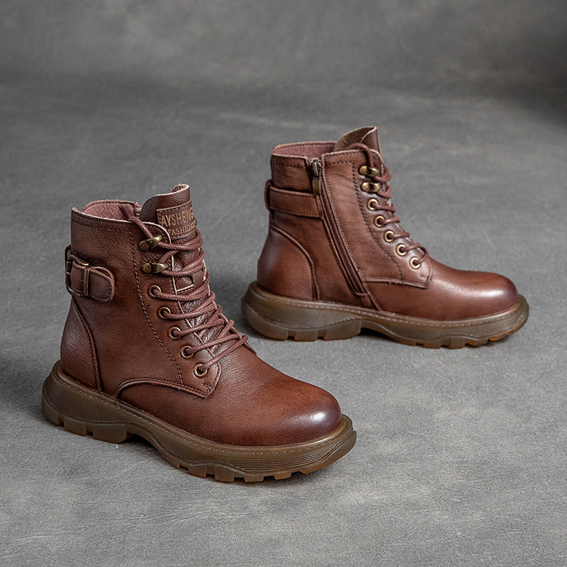 Women Retro Leather Flat Thick Soled Casual Boots Newgew Shoes