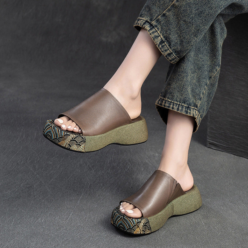 Women Retro Soft Leather Casual Thick Soled Slides Newgew Shoes