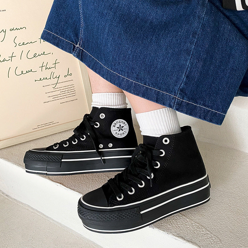 Women's White Thick-soled Thin Color Board Canvas Shoes Newgew