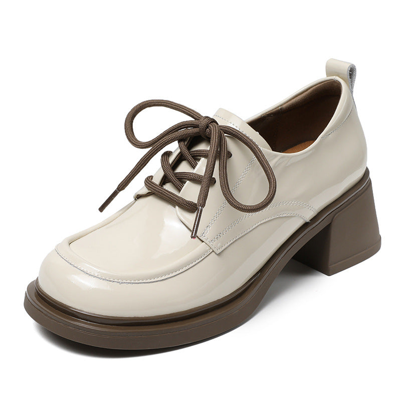 Women Minimalist Soft Glossy Leather Chunky Heel Shoes Newgew Shoes