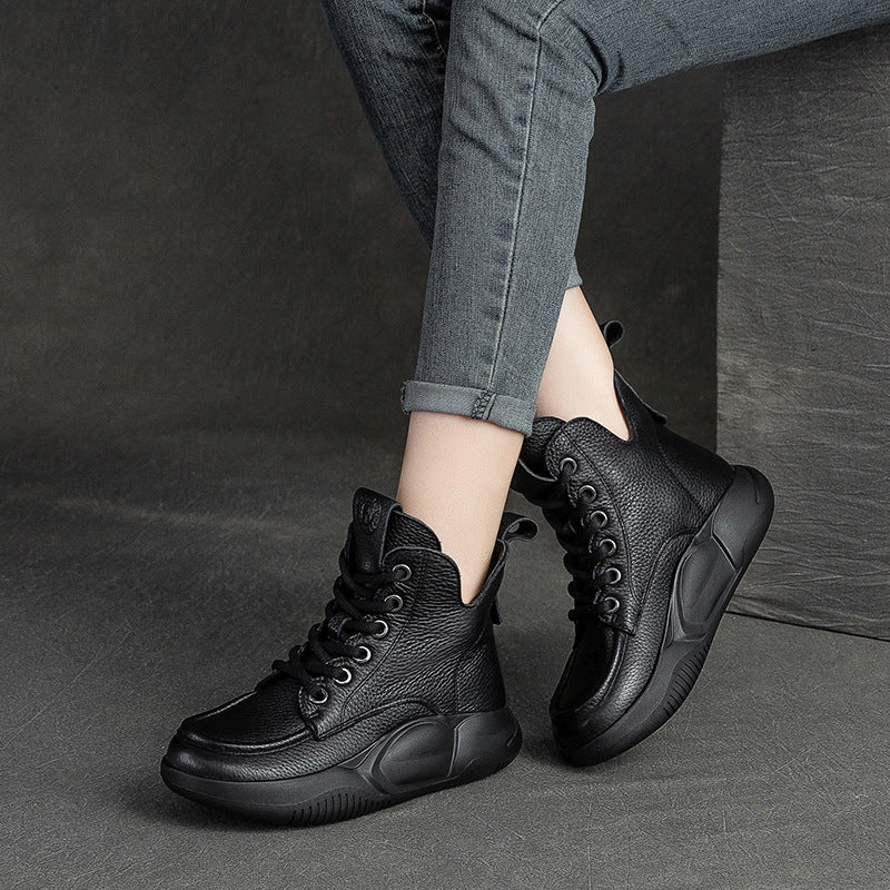 Women Retro Casual Solid Cowhide Boots Newgew Shoes