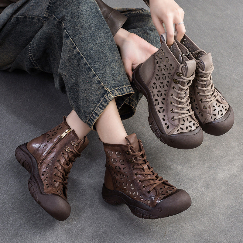 Women Retro Breathable Hollow Leather Casual Boots Newgew Shoes