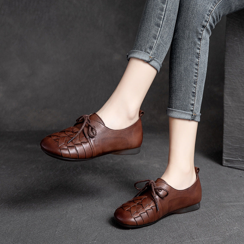 Women Retro Handmade Plaited Leather Flat Shoes Newgew Shoes