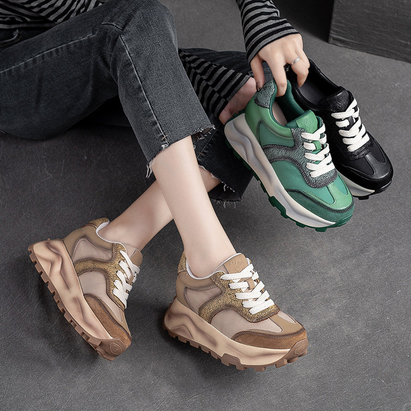 Women Retro Patchwork Leather Thick Soled Casual Shoes Newgew Shoes