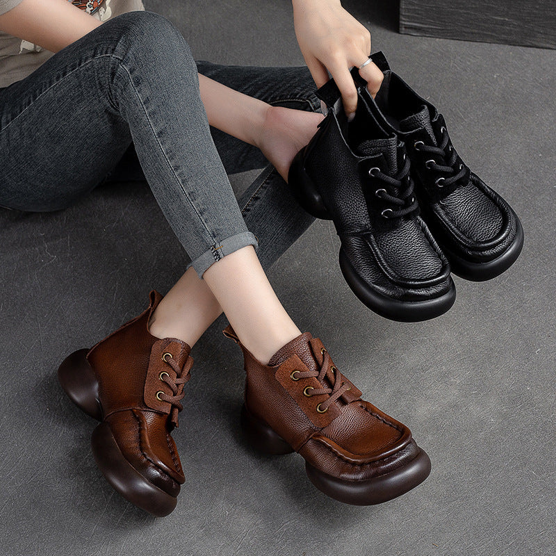 Women Retro Casual Leather Chunky Soled Ankle Boots Newgew Shoes