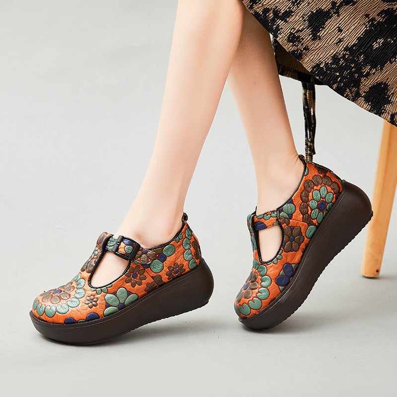 Women Retro Floral Cowhide Casual Shoes Newgew Shoes