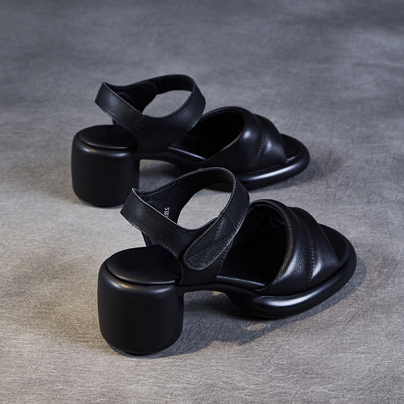 Women Retro Casual Leather Chunky Heel Sandals Newgew Shoes