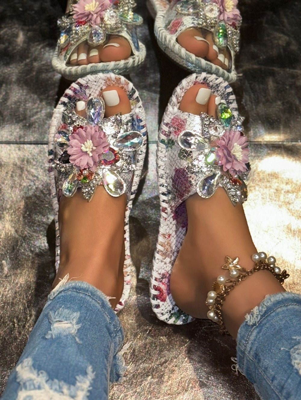 Fashion All-match Crystal Gem Flat Slippers NewGew