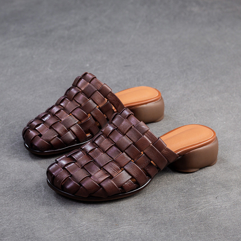 Women Handmade Plaited Leather Low Block Slides Sandals Newgew Shoes