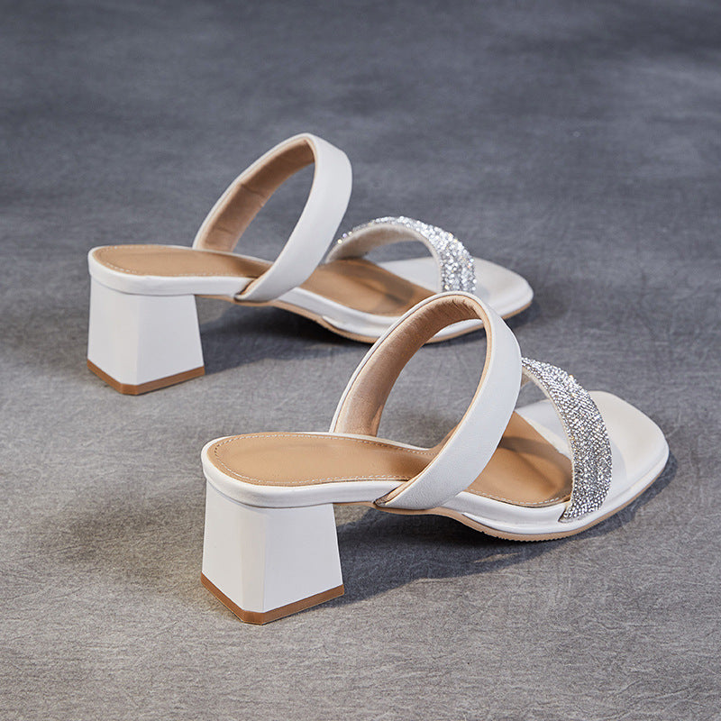 Women Fashion Leather Crystal Chunky Heel Slides Sandals Newgew Shoes