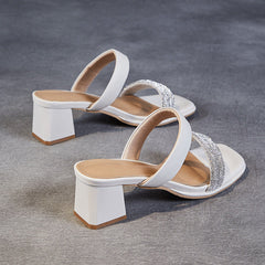 Women Fashion Leather Crystal Chunky Heel Slides Sandals Newgew Shoes