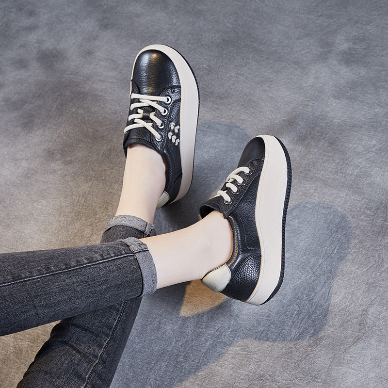 Women Casual Lace Up Cowhide Thick Soled Shoes Newgew Shoes