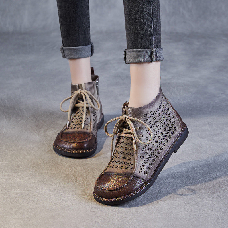 Women Retro Hollow Soft Leather Flat Ankle Boots Newgew Shoes