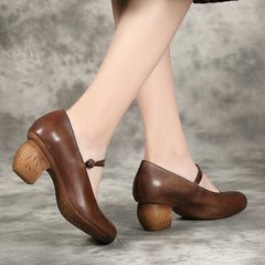 Women Retro Casual Leather Chunky Heel Pumps Newgew Shoes