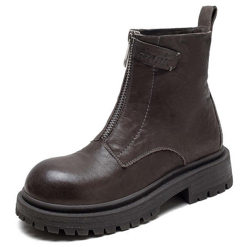 Women Retro Casual Font Zipper Leather Boots Newgew Shoes