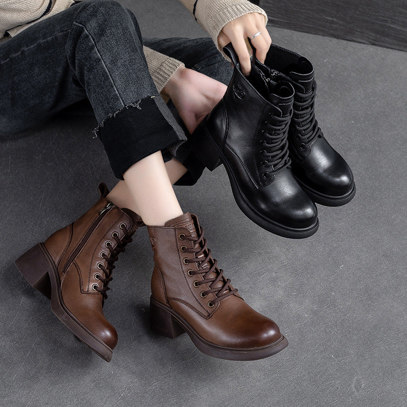 Women Retro Classic Leather Patchwork Chunky Heel Boots Newgew Shoes