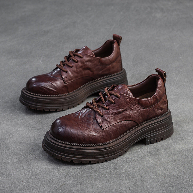 Women Retro Pleated Leather Thick Soled Casual Shoes Newgew Shoes