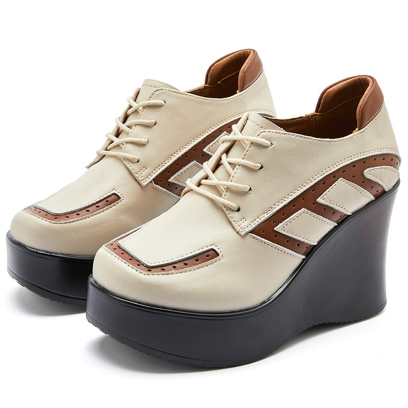 Women Cowhide Color Matching Thick Wedge Casual Shoes Newgew Shoes