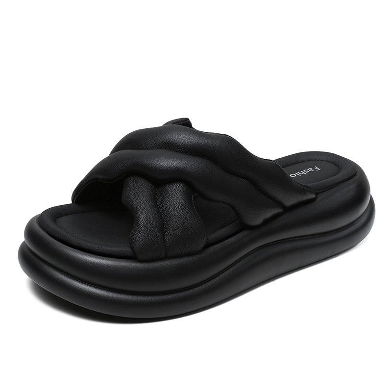 Women Leather Minimlist Thick Soled Soft Slides Newgew Shoes