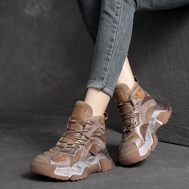 Women Retro Fashion Patchwork Leather Casual Boots Newgew Shoes