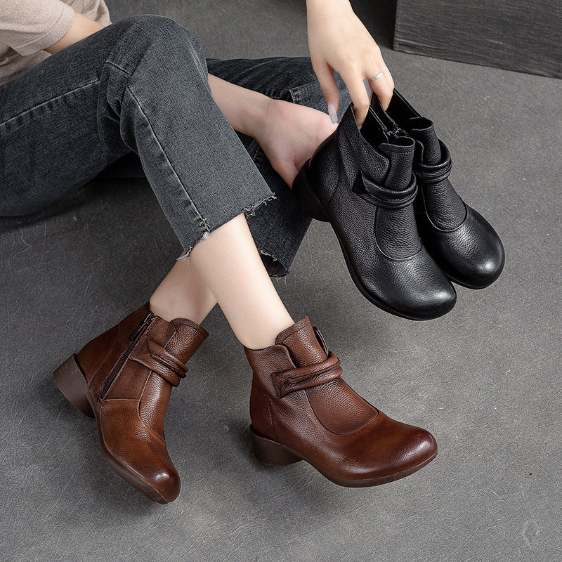 Women Retro Leather Low Heel Ankle Boots Newgew Shoes