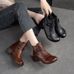 Women Retro Leather Low Heel Ankle Boots Newgew Shoes