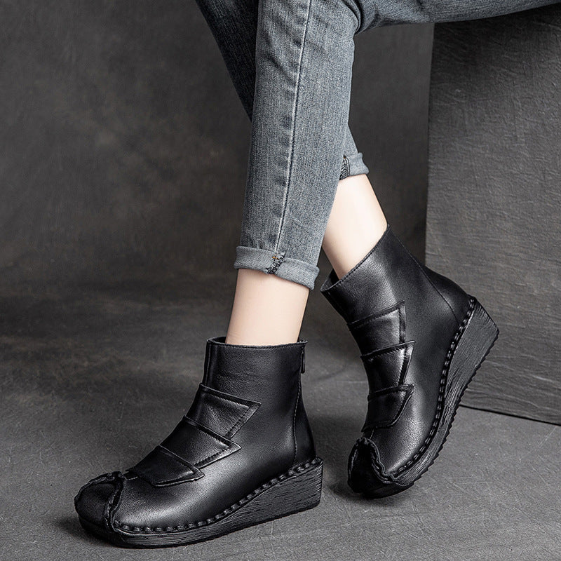 Women Retro Cowhide Low Wedge Casual Boots Newgew Shoes