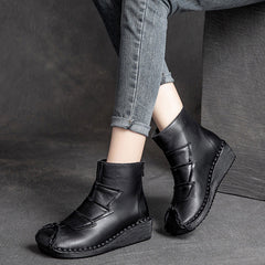 Women Retro Cowhide Low Wedge Casual Boots Newgew Shoes