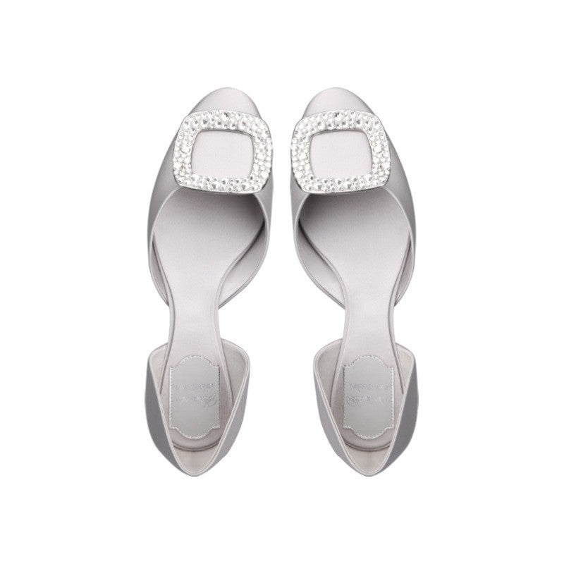 Square buckle rhinestone buckle satin round toe flat shoes NewGew