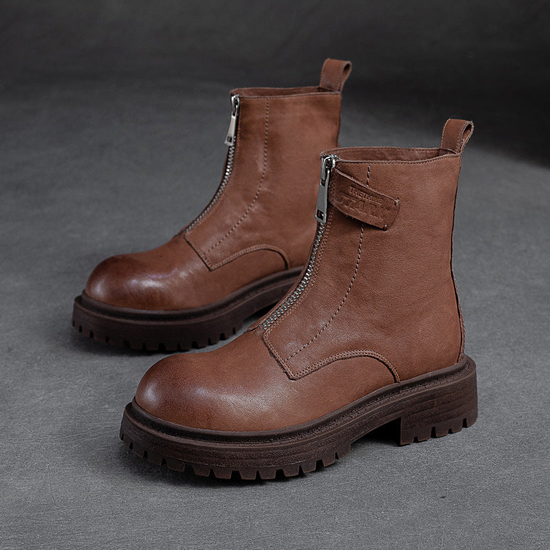 Women Retro Casual Font Zipper Leather Boots Newgew Shoes