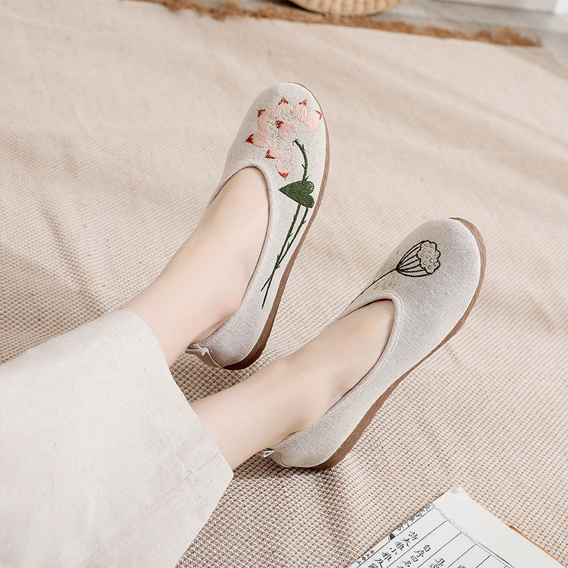 Women's Cloth Vintage Embroidered Flat Dance Ethnic Canvas Shoes Newgew