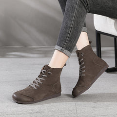 Women Retro Frosted Cowhide Patchwork Flat Boots Newgew Shoes