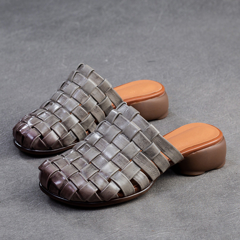 Women Handmade Plaited Leather Low Block Slides Sandals Newgew Shoes