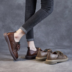Women Retro Hollow Leather Flat Casual Shoes Newgew Shoes