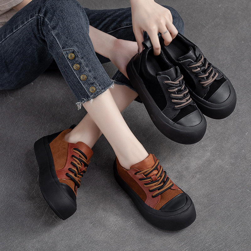Women Retro Patchwork Leather Flat Casual Shoes Newgew Shoes