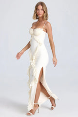 Pleated Frilly Slip Slit Maxi Dress Newgew Dresses