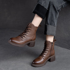 Women Retro Classic Leather Patchwork Chunky Heel Boots Newgew Shoes