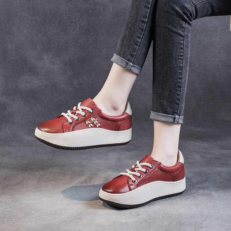 Women Casual Lace Up Cowhide Thick Soled Shoes Newgew Shoes