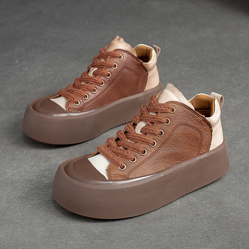 Women Retro Leather Thick Soled Casual Shoes Newgew Shoes