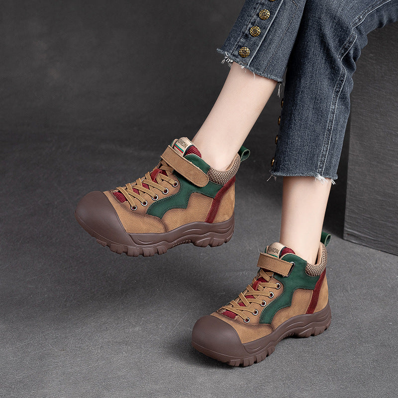 Women Pigskin Leather High Top Velcro Casual Shoes Newgew Shoes